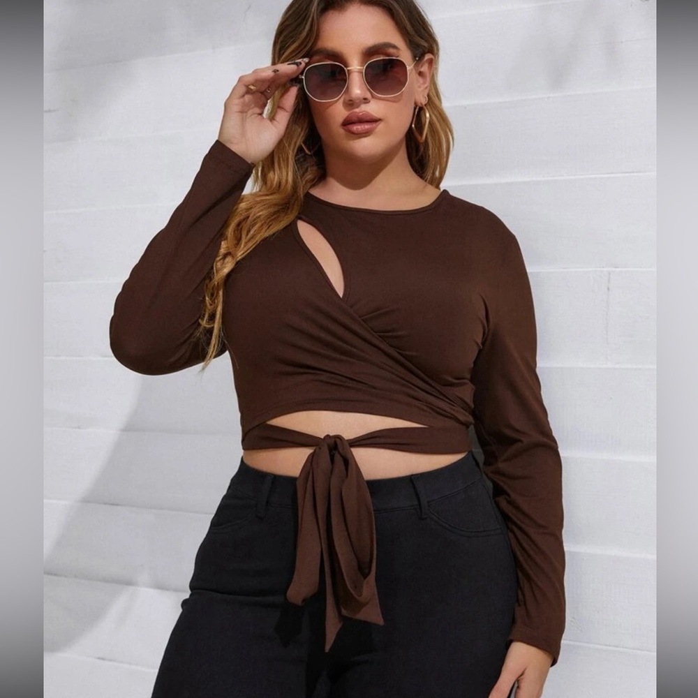 SHEIN PLUS SIZE Brown Long sleeve Cropped Top